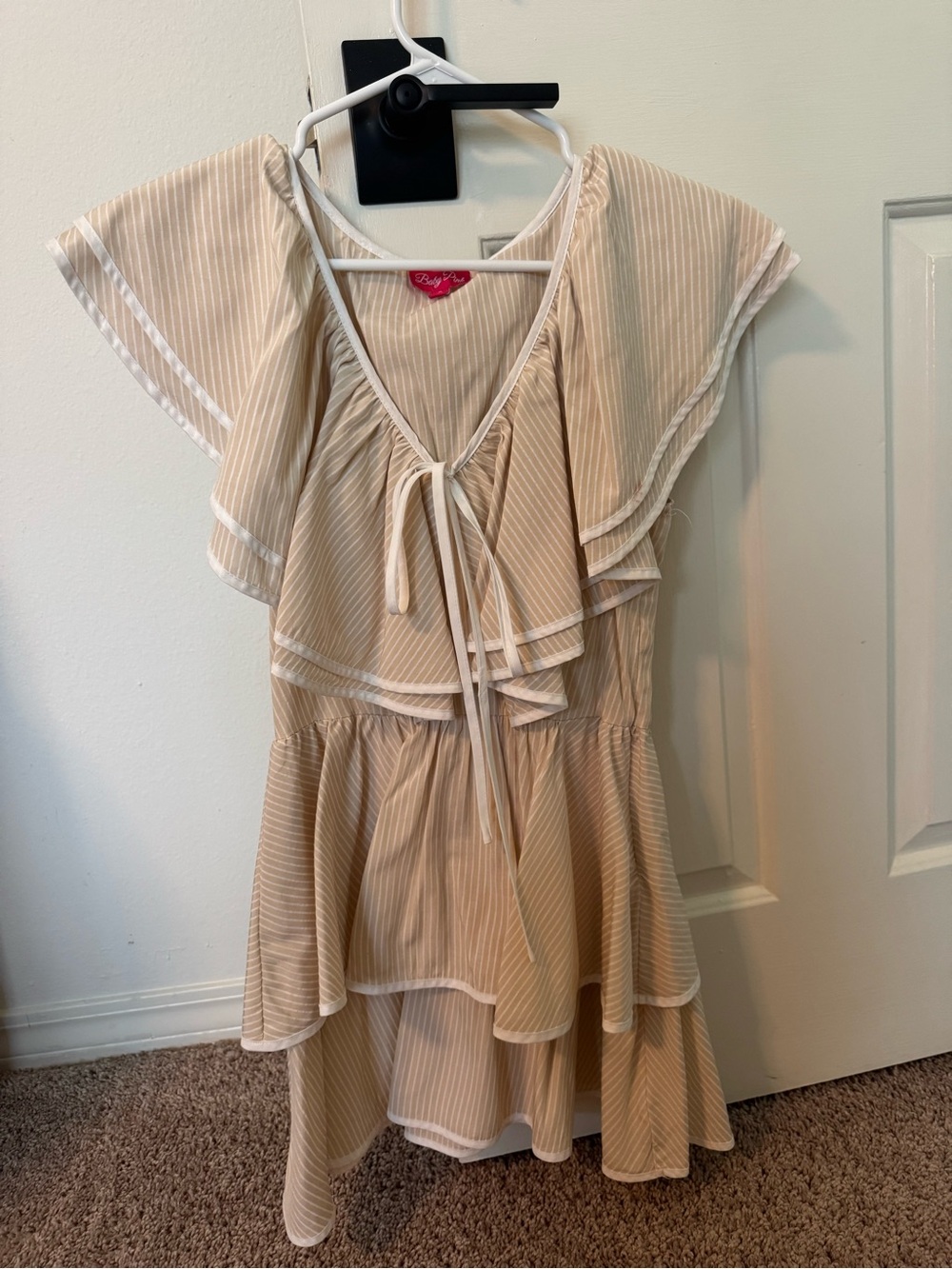 Light Cream Striped Ruffle Mini Dress with Tie Neck | Size S